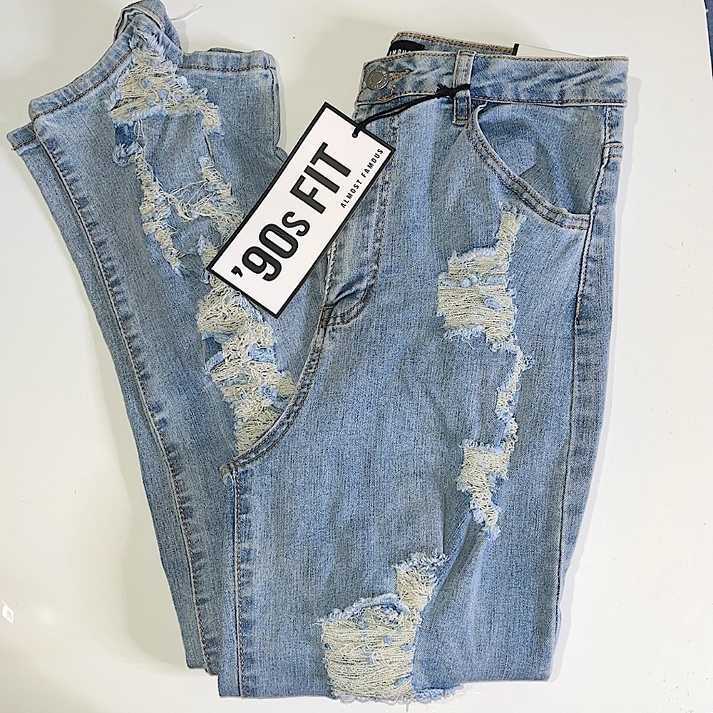 Almost Famous 90s Fit Light Wash Distressed Ripped Pants Mid Rise Boot Cut Jeans